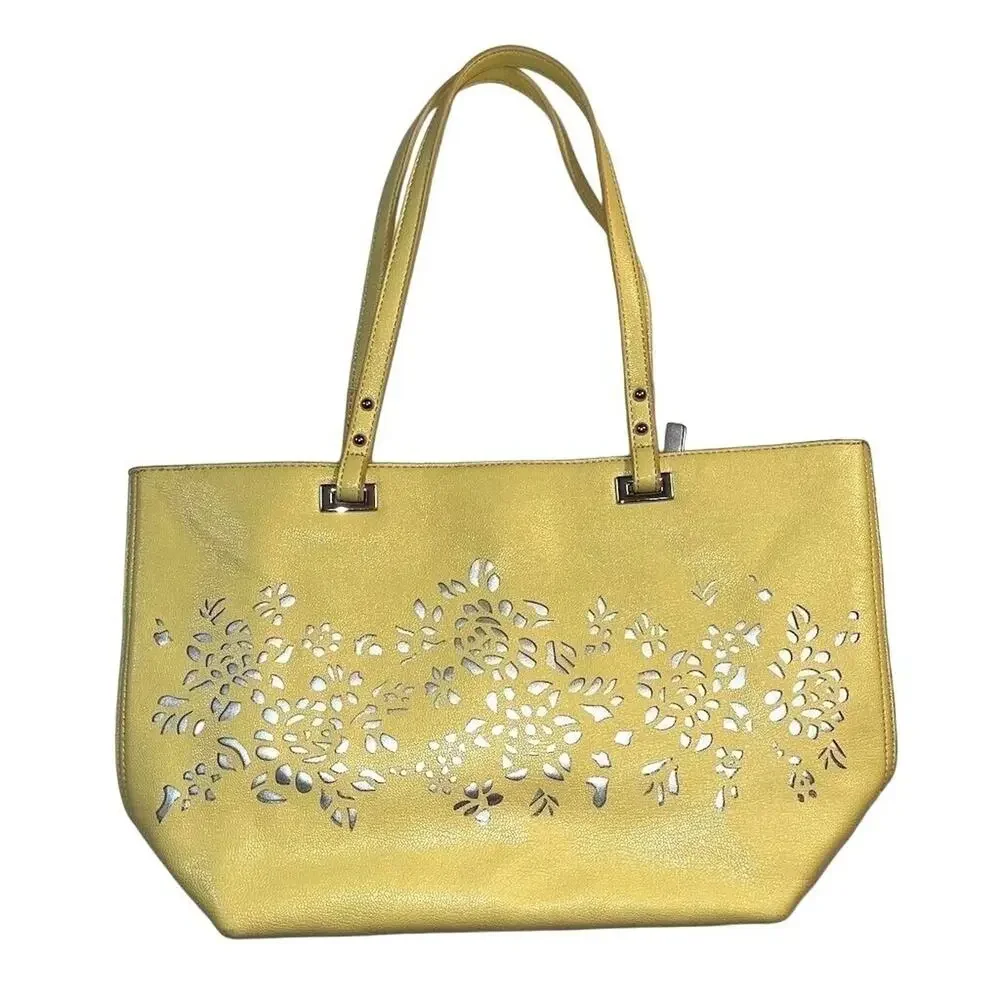 Nine West Ava Faux Leather Tote Bag Purse Floral Laser Cut Design Yellow Silver